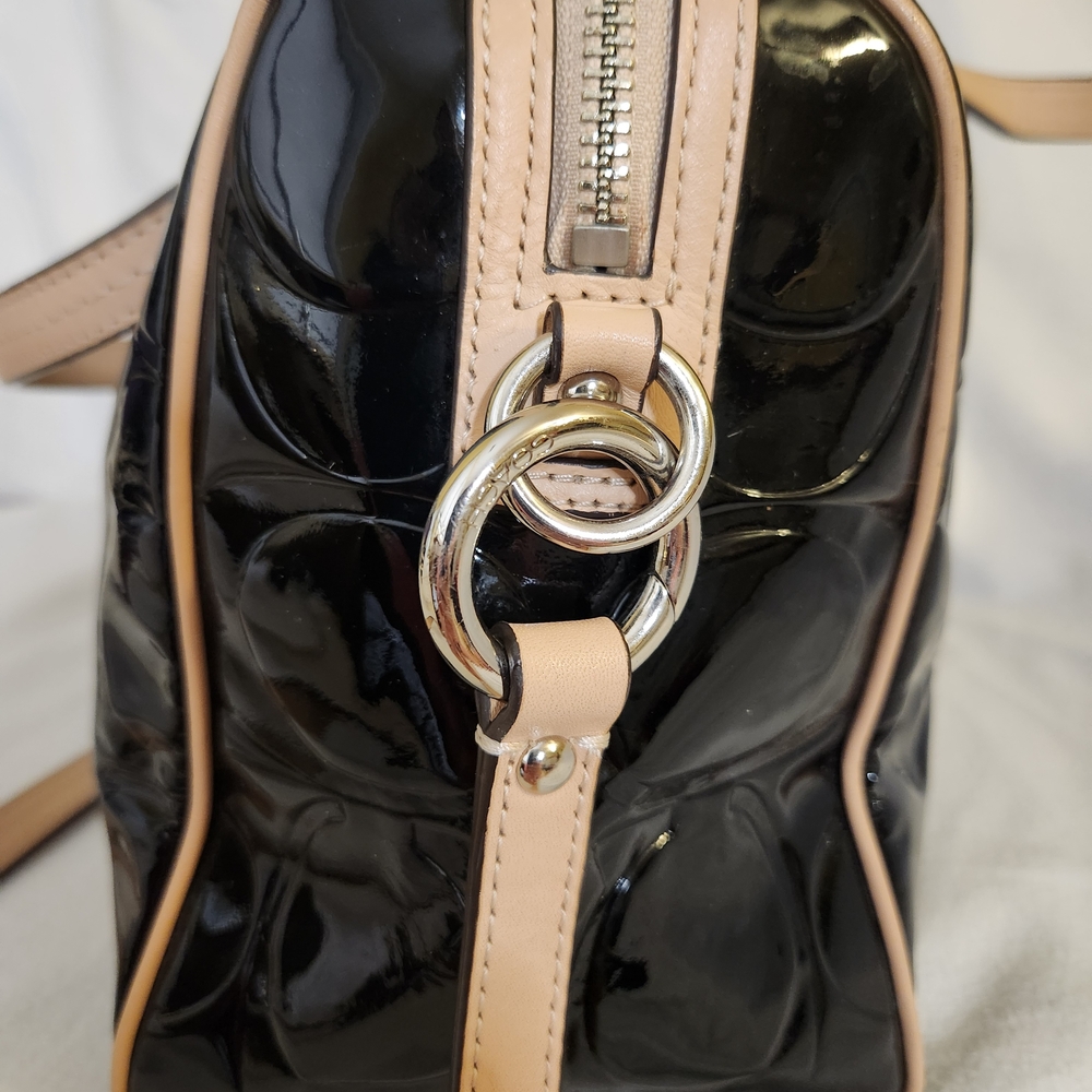 Coach Peyton Tan And Black Patent Leather Satchel with Quilted Design - Picture 5 of 11